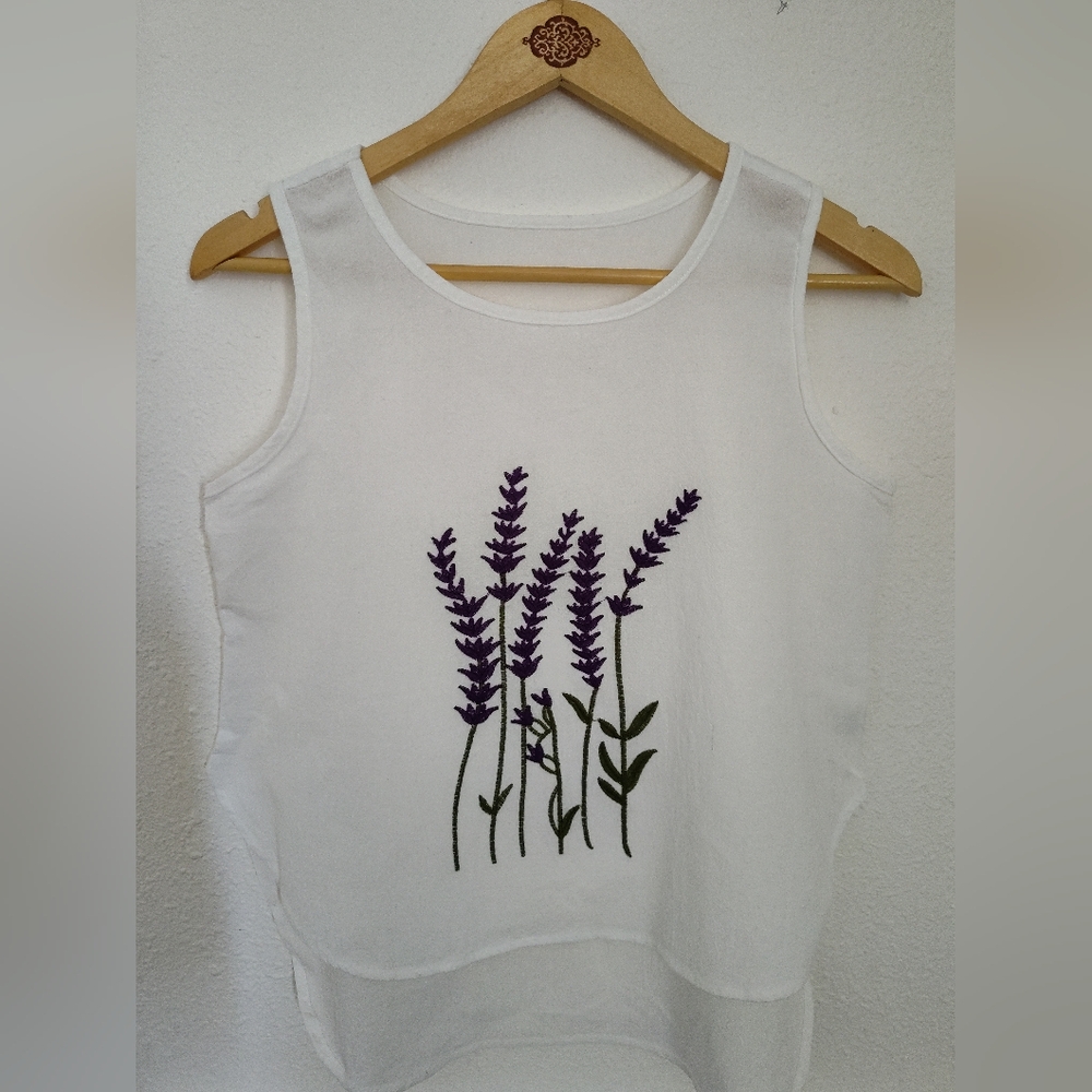 Embroidered Purple Heather Sleeveless Garden Girl Cottage Core Top Size Medium